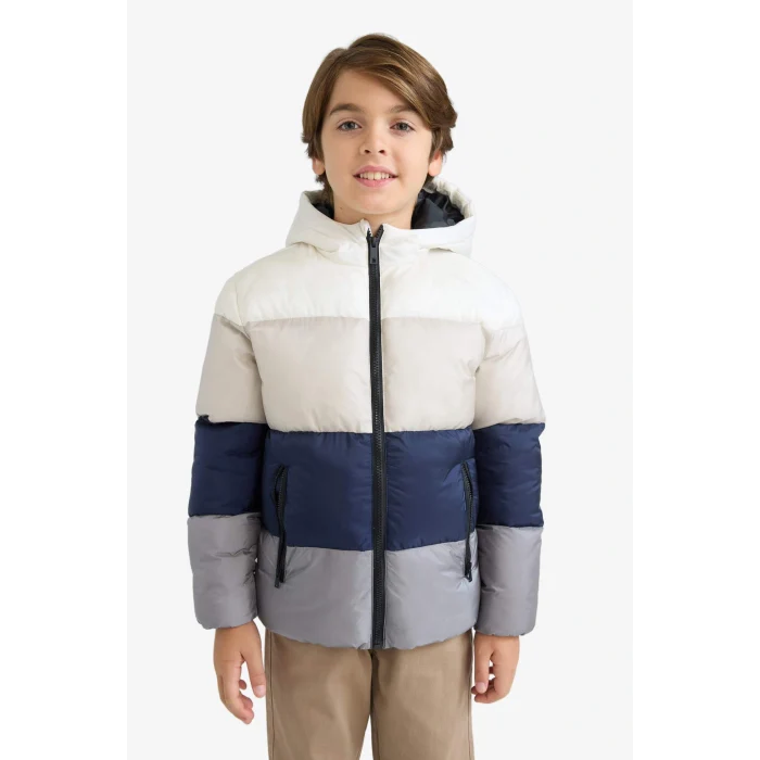 Defacto E7381A8NV256 Lacivert Erkek Çocuk Su İtici Kapüşonlu Polar Astarlı Fermuarlı Şişme Mont