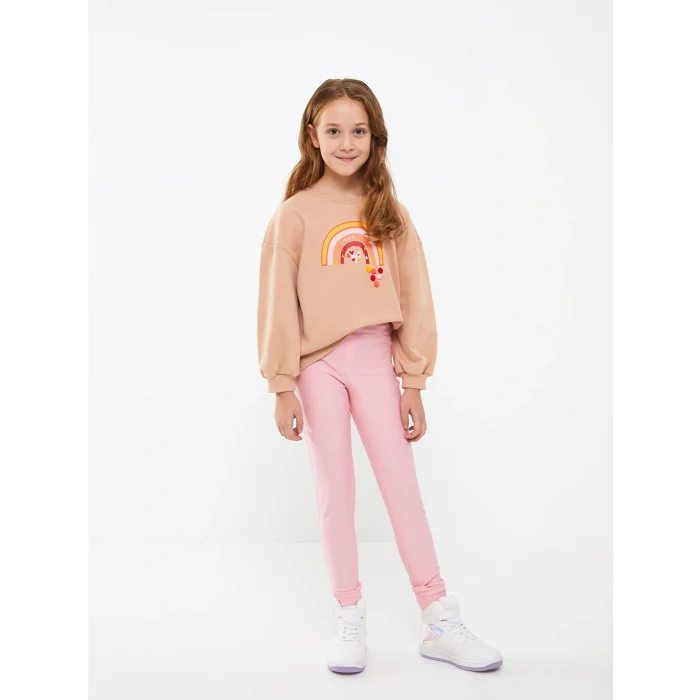LCW Kids Bej Bisiklet Yaka Baskılı Uzun Kollu Kız Çocuk Sweatshirt