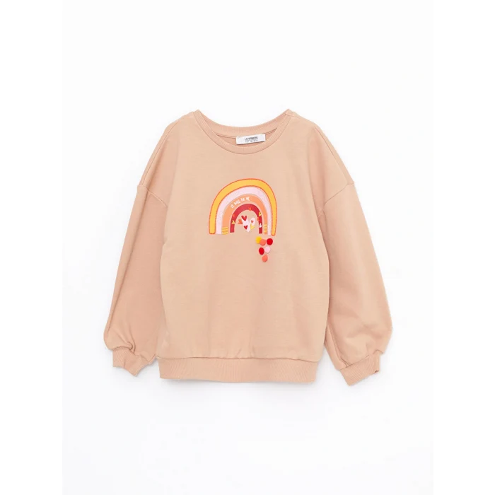 LCW Kids Bej Bisiklet Yaka Baskılı Uzun Kollu Kız Çocuk Sweatshirt