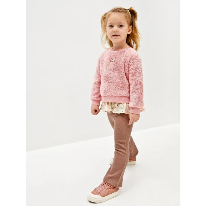 LCW baby Pembe Bisiklet Yaka Pelüş Kız Bebek Sweatshirt ve Tayt Pantolon 2li Takım