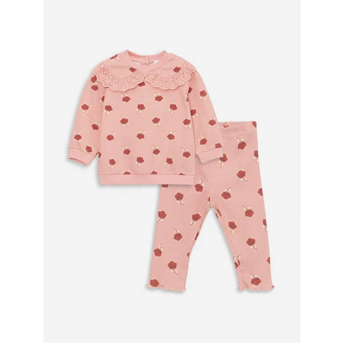 LCW baby Pembe Bebe Yaka Kız Bebek Sweatshirt ve Tayt 2li Takım