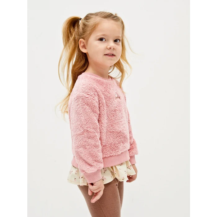 LCW baby Pembe Bisiklet Yaka Pelüş Kız Bebek Sweatshirt ve Tayt Pantolon 2li Takım