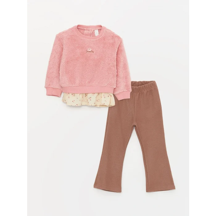 LCW baby Pembe Bisiklet Yaka Pelüş Kız Bebek Sweatshirt ve Tayt Pantolon 2li Takım