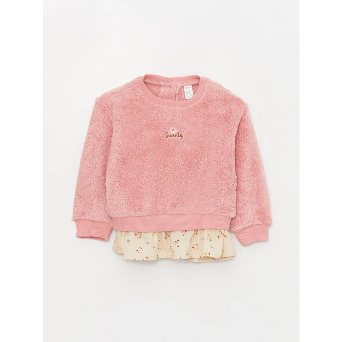 LCW baby Pembe Bisiklet Yaka Pelüş Kız Bebek Sweatshirt ve Tayt Pantolon 2li Takım