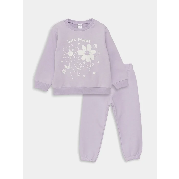 LCW baby Lila Bisiklet Yaka Uzun Kollu Kız Bebek Sweatshirt ve Pantolon 2li Takım