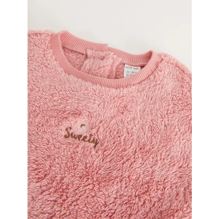 LCW baby Pembe Bisiklet Yaka Pelüş Kız Bebek Sweatshirt ve Tayt Pantolon 2li Takım