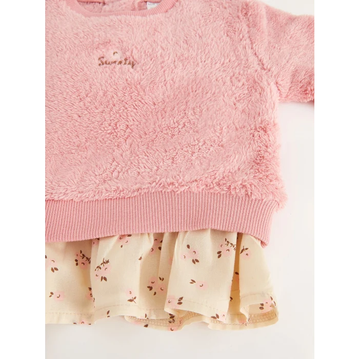 LCW baby Pembe Bisiklet Yaka Pelüş Kız Bebek Sweatshirt ve Tayt Pantolon 2li Takım