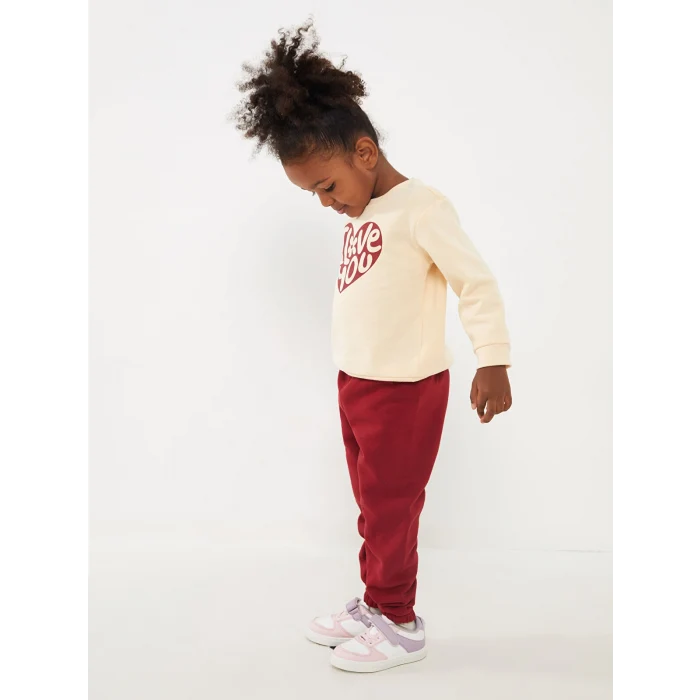 LCW baby Pembe Bisiklet Yaka Uzun Kollu Baskılı Kız Bebek Sweatshirt ve Pantolon 2li Takım