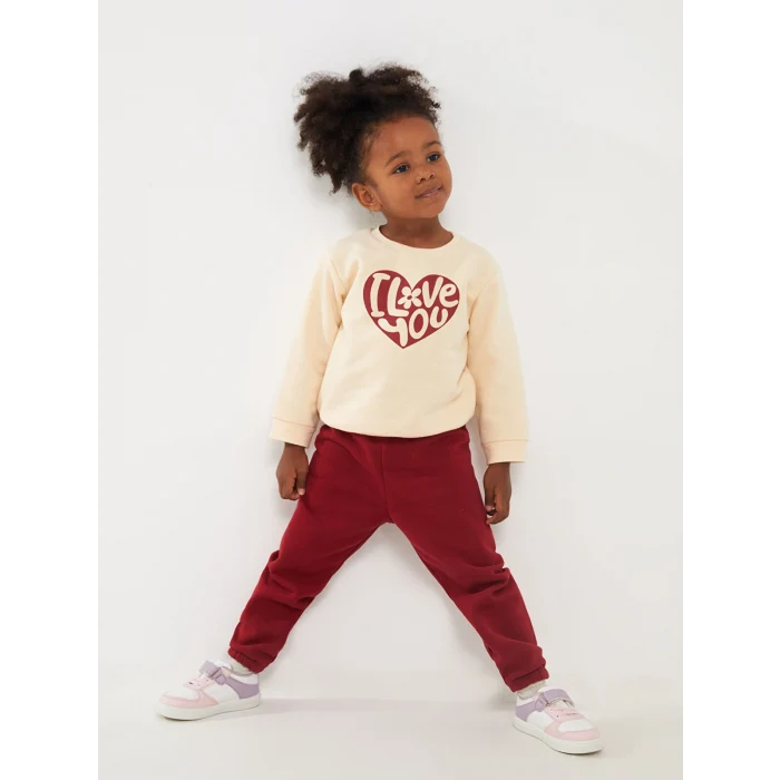 LCW baby Pembe Bisiklet Yaka Uzun Kollu Baskılı Kız Bebek Sweatshirt ve Pantolon 2li Takım