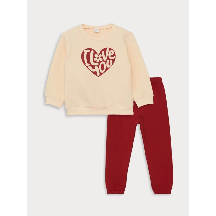 LCW baby Pembe Bisiklet Yaka Uzun Kollu Baskılı Kız Bebek Sweatshirt ve Pantolon 2li Takım