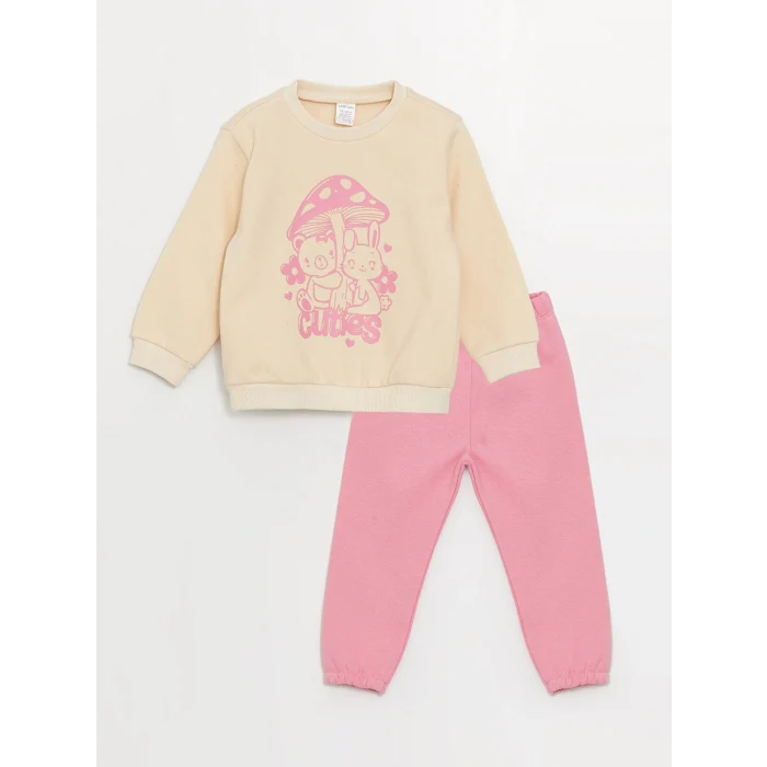 LCW baby Bej Bisiklet Yaka Uzun Kollu Baskılı Kız Bebek Sweatshirt ve Eşofman Alt 2li Takım