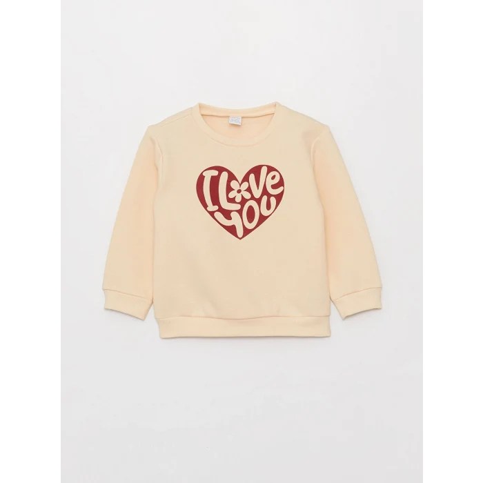 LCW baby Pembe Bisiklet Yaka Uzun Kollu Baskılı Kız Bebek Sweatshirt ve Pantolon 2li Takım