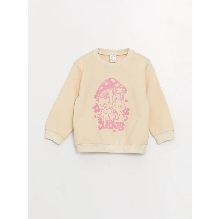 LCW baby Bej Bisiklet Yaka Uzun Kollu Baskılı Kız Bebek Sweatshirt ve Eşofman Alt 2li Takım