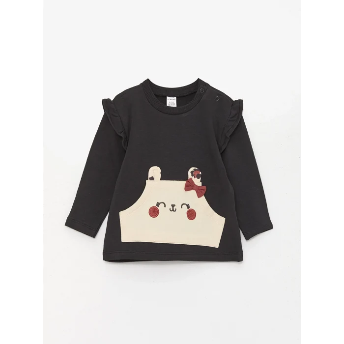 LCW baby Antrasit Bisiklet Yaka Uzun Kollu Baskılı Kız Bebek Sweatshirt ve Pantolon 2li Takım