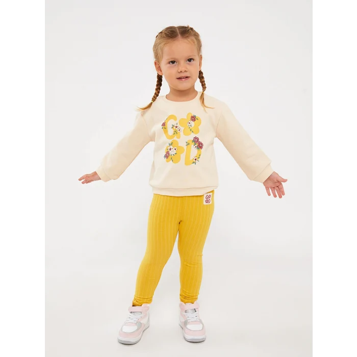 LCW baby Bej Bisiklet Yaka Uzun Kollu Baskılı Kız Bebek Sweatshirt ve Tayt 2li Takım