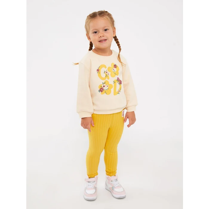 LCW baby Bej Bisiklet Yaka Uzun Kollu Baskılı Kız Bebek Sweatshirt ve Tayt 2li Takım