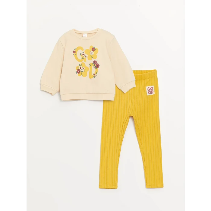 LCW baby Bej Bisiklet Yaka Uzun Kollu Baskılı Kız Bebek Sweatshirt ve Tayt 2li Takım