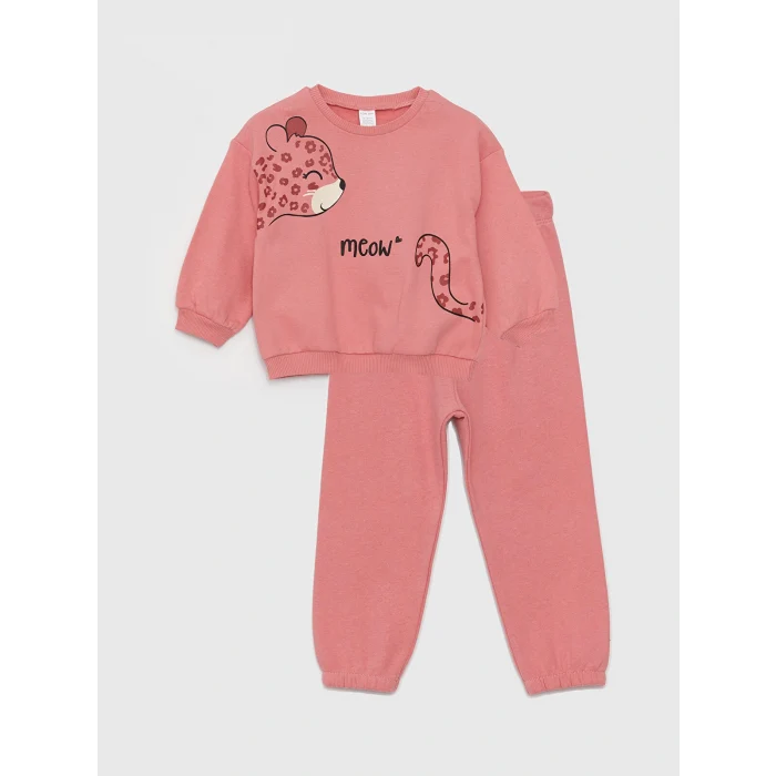 LCW baby Pembe Bisiklet Yaka Uzun Kollu Kız Bebek Sweatshirt ve Pantolon 2li Takım