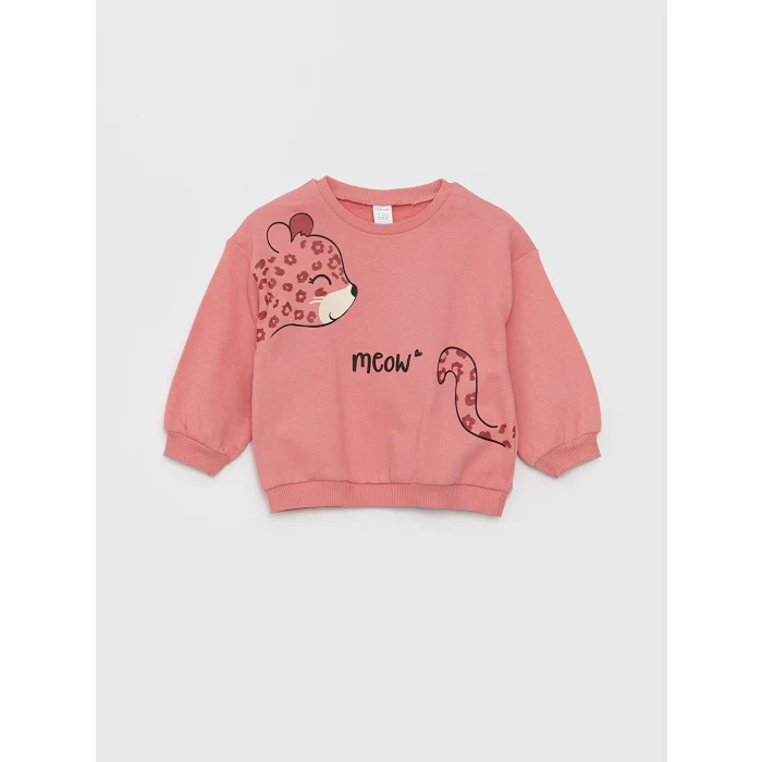 LCW baby Pembe Bisiklet Yaka Uzun Kollu Kız Bebek Sweatshirt ve Pantolon 2li Takım