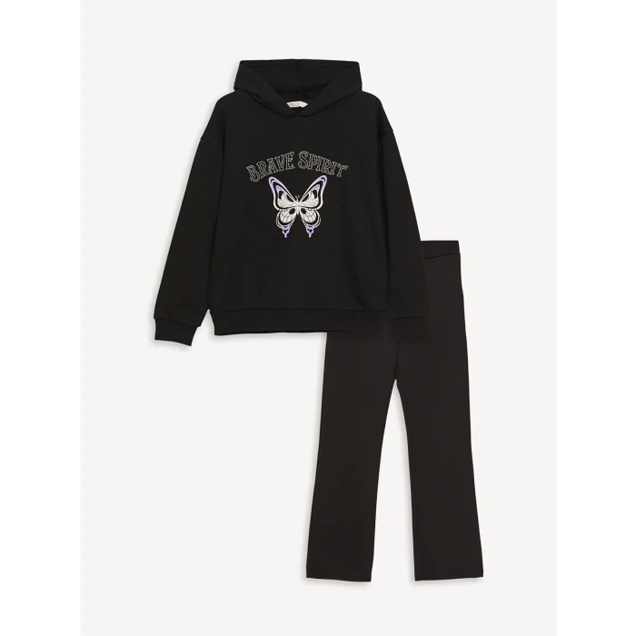 LCW Kids Siyah Baskılı Uzun Kollu Kız Çocuk Hoodie ve Tayt