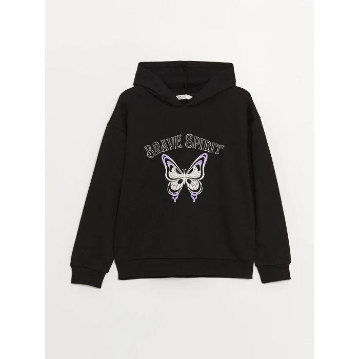 LCW Kids Siyah Baskılı Uzun Kollu Kız Çocuk Hoodie ve Tayt