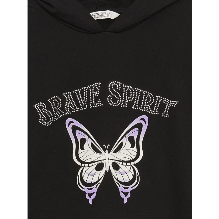 LCW Kids Siyah Baskılı Uzun Kollu Kız Çocuk Hoodie ve Tayt