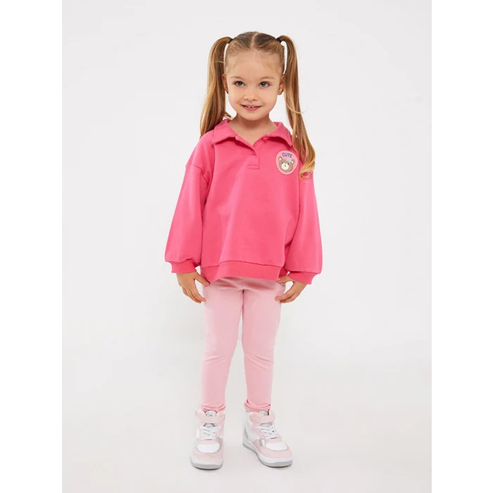 LCW baby Pembe Polo Yaka Baskılı Kız Bebek Sweatshirt