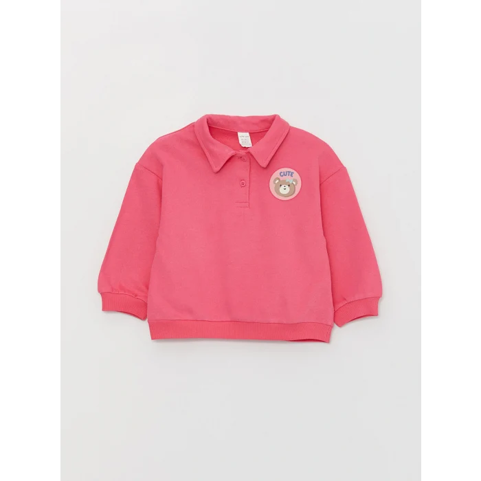 LCW baby Pembe Polo Yaka Baskılı Kız Bebek Sweatshirt