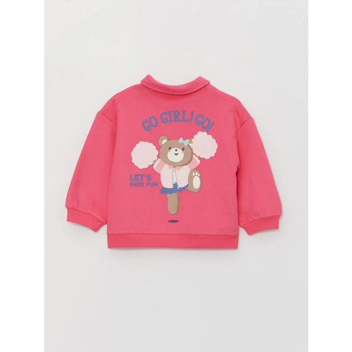 LCW baby Pembe Polo Yaka Baskılı Kız Bebek Sweatshirt