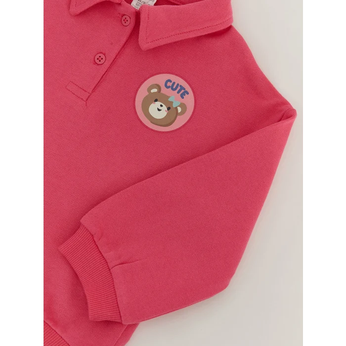LCW baby Pembe Polo Yaka Baskılı Kız Bebek Sweatshirt