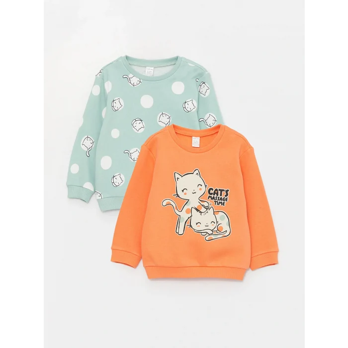 LCW baby Yeşil Bisiklet Yaka Uzun Kollu Baskılı Kız Bebek Sweatshirt 2li