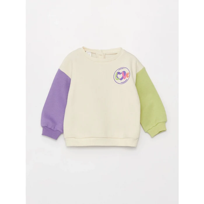 LCW baby Ekru Bisiklet Yaka Uzun Kollu Baskılı Kız Bebek Sweatshirt