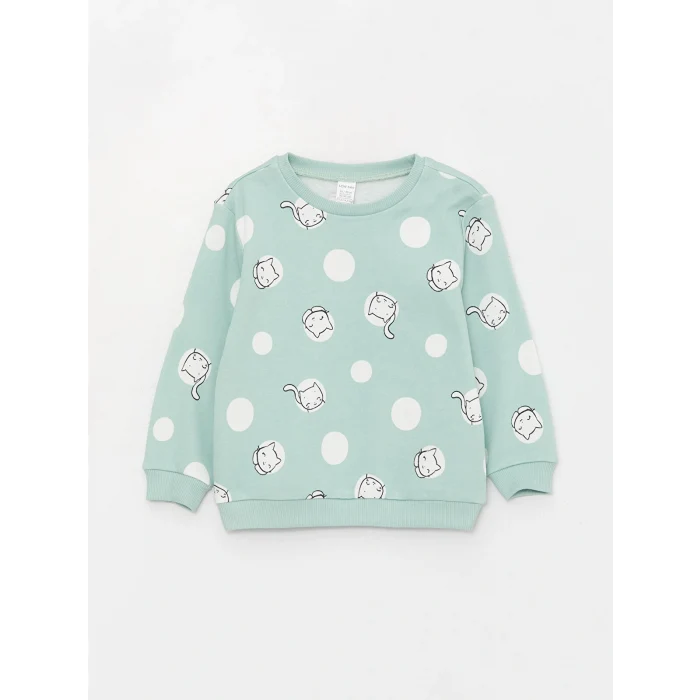 LCW baby Yeşil Bisiklet Yaka Uzun Kollu Baskılı Kız Bebek Sweatshirt 2li