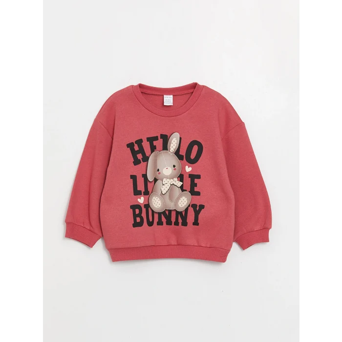 LCW baby Pembe Bisiklet Yaka Uzun Kollu Baskılı Kız Bebek Sweatshirt