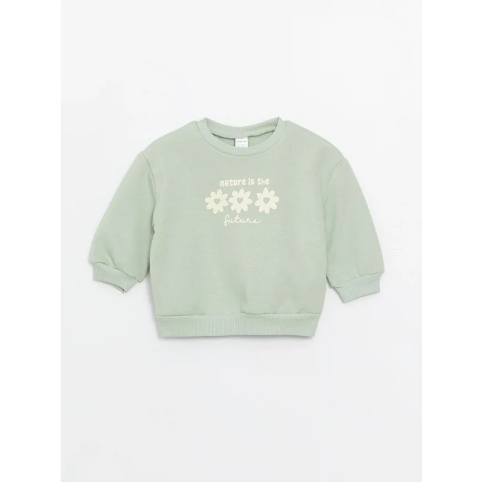 LCW baby Yeşil Bisiklet Yaka Uzun Kollu Baskılı Kız Bebek Sweatshirt
