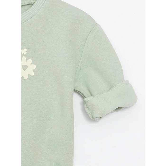 LCW baby Yeşil Bisiklet Yaka Uzun Kollu Baskılı Kız Bebek Sweatshirt