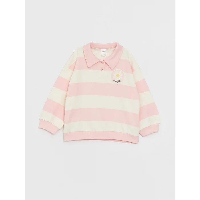 LCW baby Pembe Polo Yaka Uzun Kollu Çizgili Kız Bebek Sweatshirt