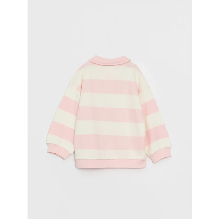 LCW baby Pembe Polo Yaka Uzun Kollu Çizgili Kız Bebek Sweatshirt