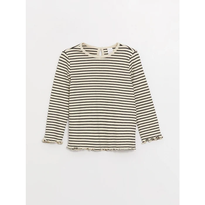 LCW baby Siyah Bisiklet Yaka Uzun Kollu Çizgili Kız Bebek Tişört