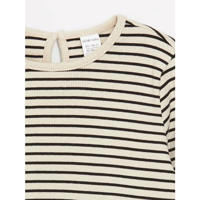 LCW baby Siyah Bisiklet Yaka Uzun Kollu Çizgili Kız Bebek Tişört