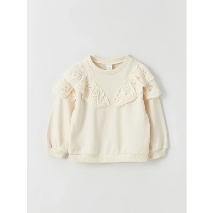 LCW baby Ekru Bisiklet Yaka Kız Bebek Fırfırlı Sweatshirt