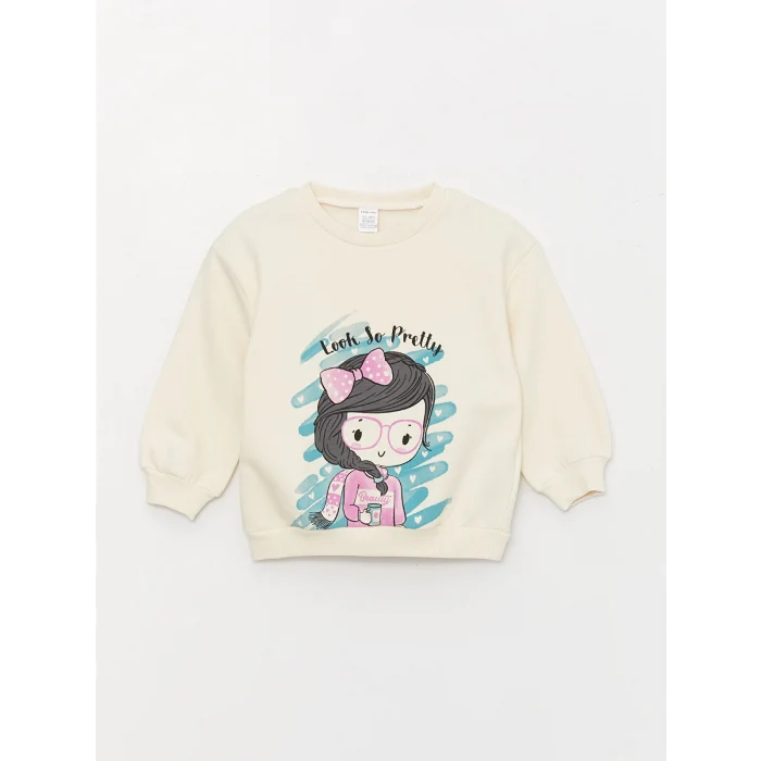 LCW baby Ekru Bisiklet Yaka Uzun Kollu Baskılı Kız Bebek Sweatshirt