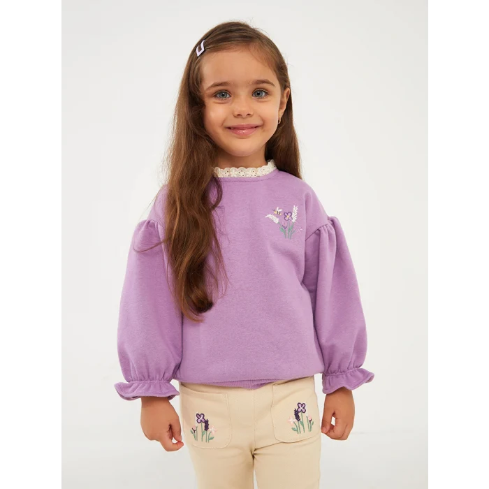 LCW baby Mor Bisiklet Yaka Uzun Kollu Nakışlı Kız Bebek Sweatshirt