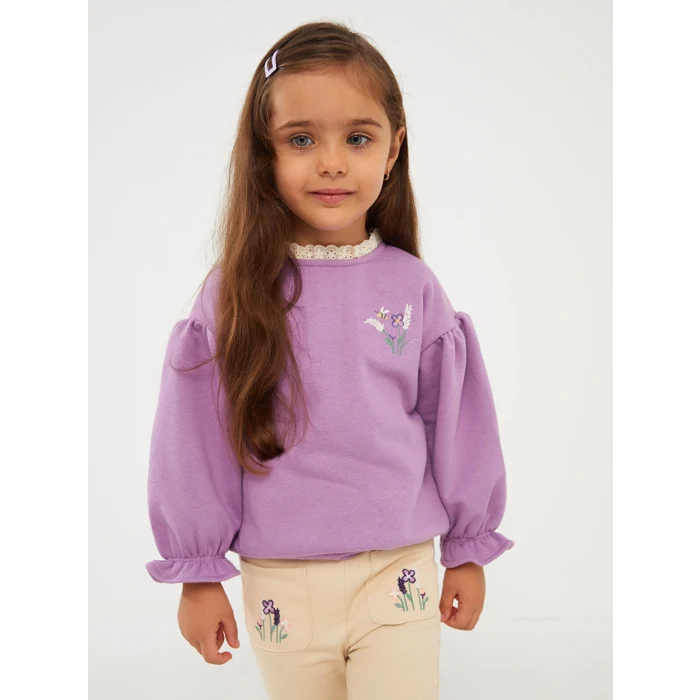 LCW baby Mor Bisiklet Yaka Uzun Kollu Nakışlı Kız Bebek Sweatshirt