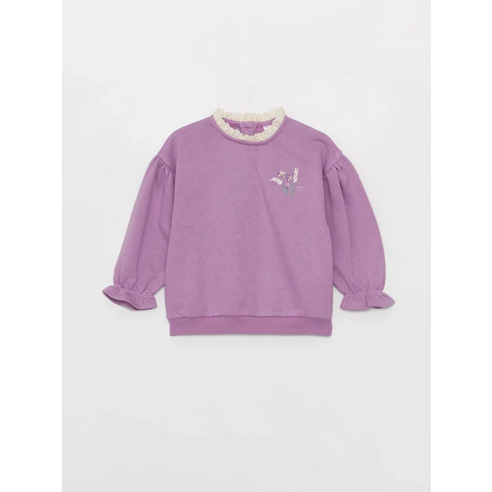 LCW baby Mor Bisiklet Yaka Uzun Kollu Nakışlı Kız Bebek Sweatshirt