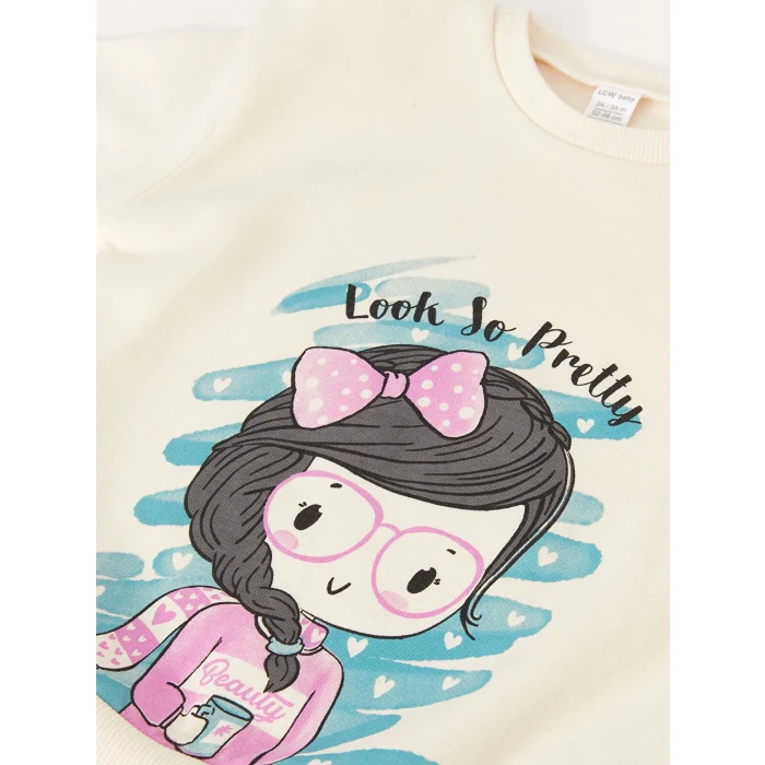 LCW baby Ekru Bisiklet Yaka Uzun Kollu Baskılı Kız Bebek Sweatshirt