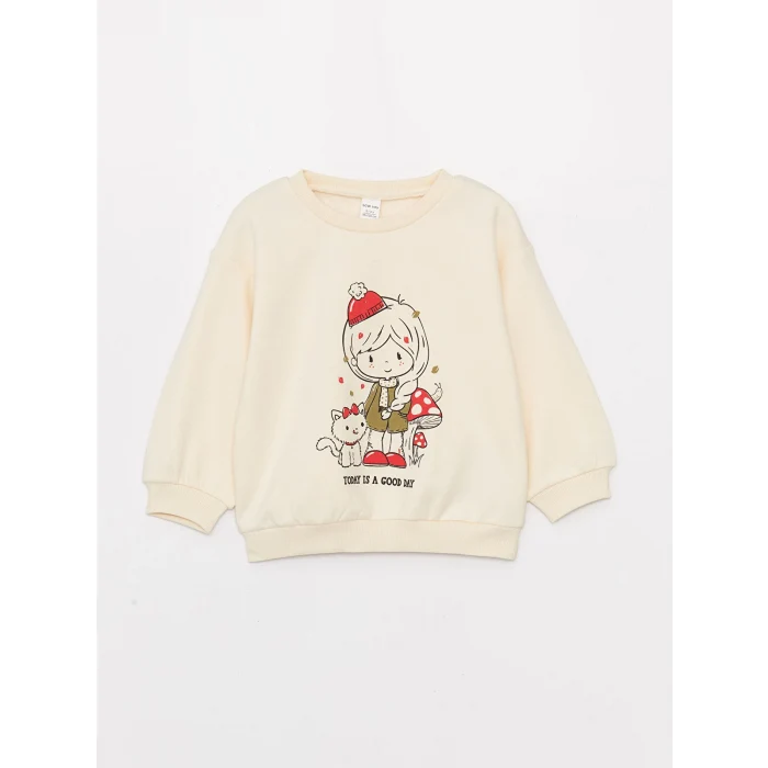LCW baby Ekru Bisiklet Yaka Uzun Kollu Baskılı Kız Bebek Sweatshirt