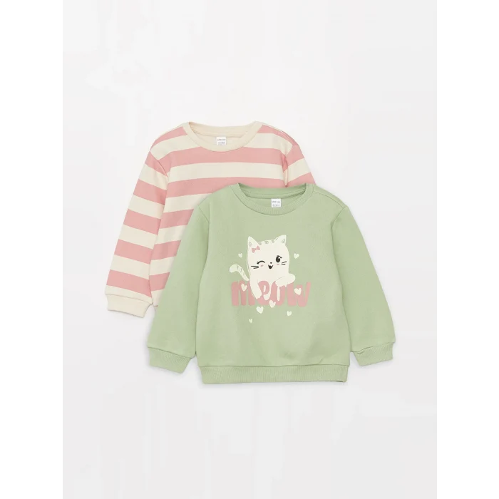 LCW baby Pembe Bisiklet Yaka Uzun Kollu Kız Bebek Sweatshirt 2li