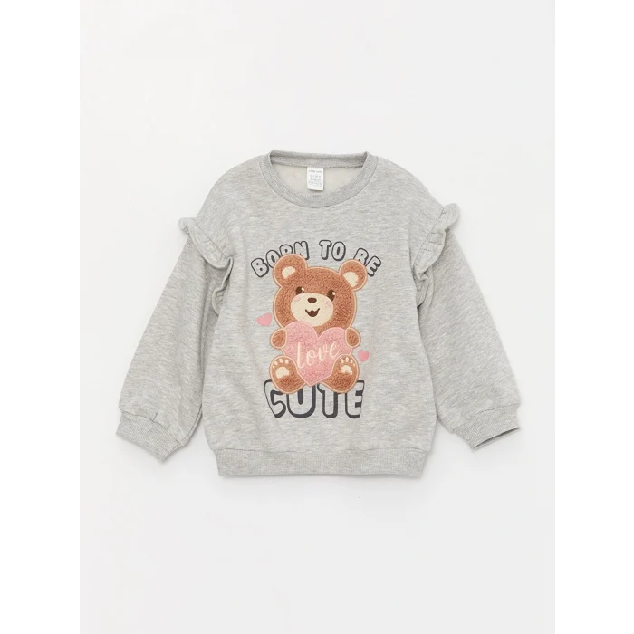 LCW baby Gri Bisiklet Yaka Baskılı Kız Bebek Sweatshirt
