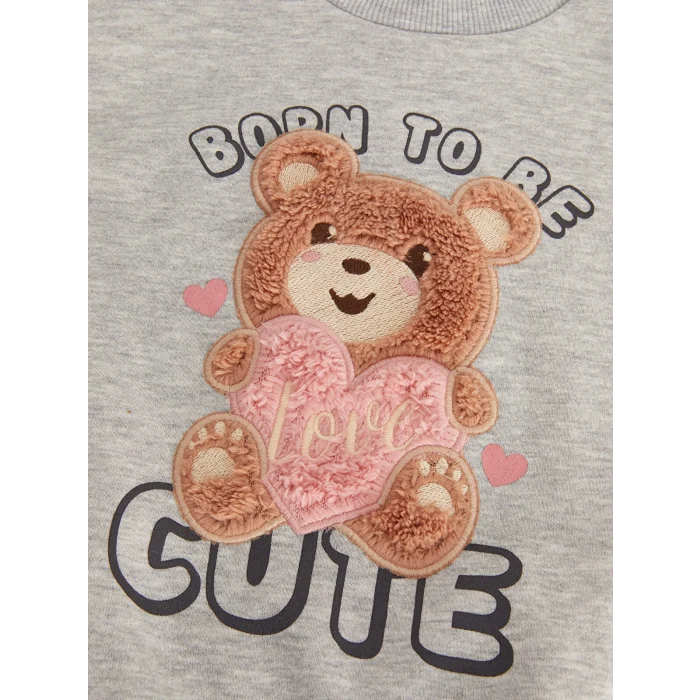 LCW baby Gri Bisiklet Yaka Baskılı Kız Bebek Sweatshirt